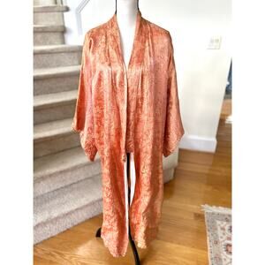 Vintage 60s Peach Orange Satin Chinoiserie Full Length Kimono Duster